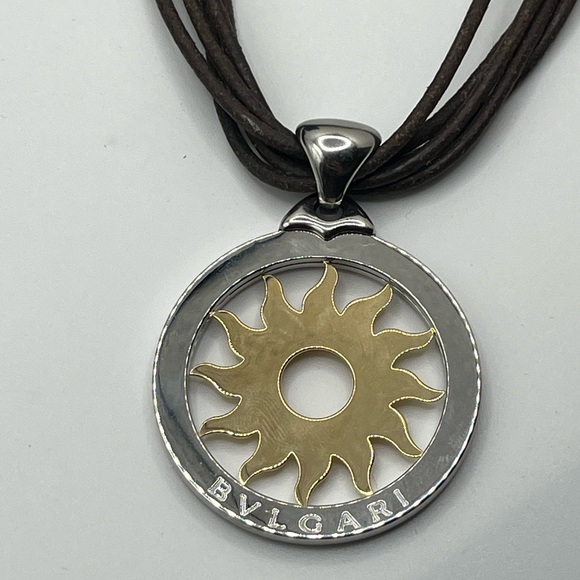 BVLGARI Stainless Steel 18K Yellow Gold Tondo Sun Gold Pendant Cord Necklace - Picture 1 of 15